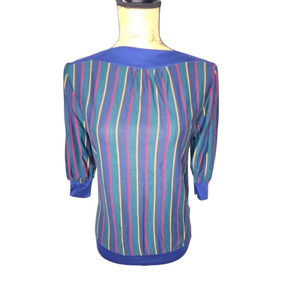 Vintage Sears the Fashion Place Green Blue Striped Shirt Preppy